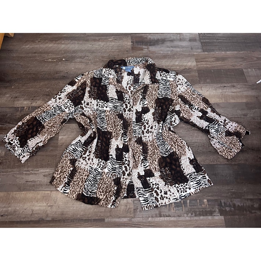 Koret Animal Print Patchwork Button Down Shirt Brown White Rayon Size M